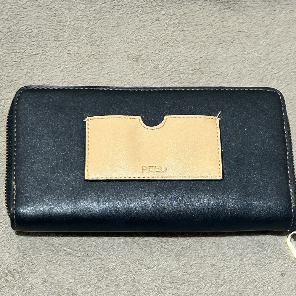 REED Zip Around Wristlet Wallet Black Tan Gold Hardware Blue Interior